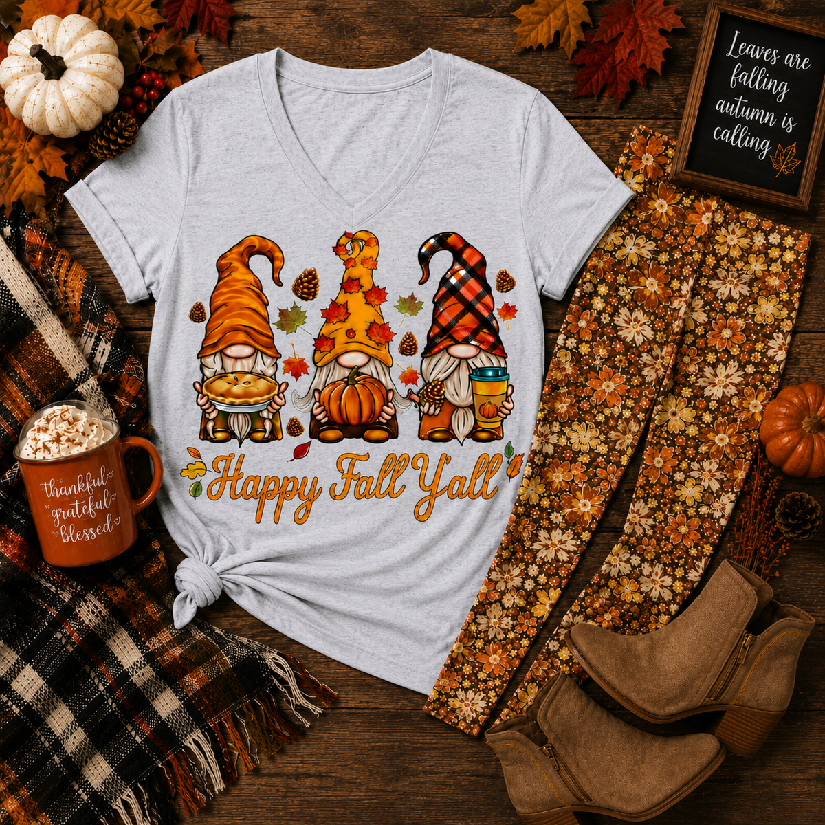 Happy Fall Y’all three autumn gnomes with pumpkins, pie, coffee, colorful leaves and pinecones.