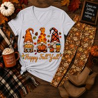 Happy Fall Y’all three autumn gnomes with pumpkins, pie, coffee, colorful leaves and pinecones.