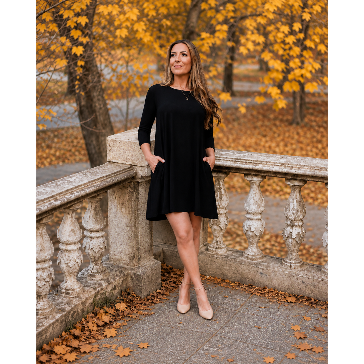 Ready to Ship | The Olivia - Black Swing Dress with 3/4 Sleeves