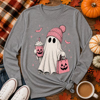 Julia Rose Pink Ghost Halloween apparel available as a crewneck T-shirt, V-neck T-shirt, long-sleeve shirt and hoodie in sizes S–3XL.