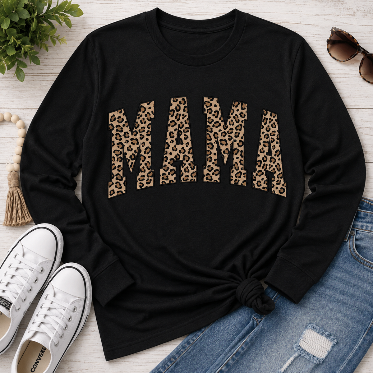Julia Rose Mama Leopard apparel featuring a leopard-print MAMA graphic, available as a crewneck, V-neck, long-sleeve T-shirt and hoodie.