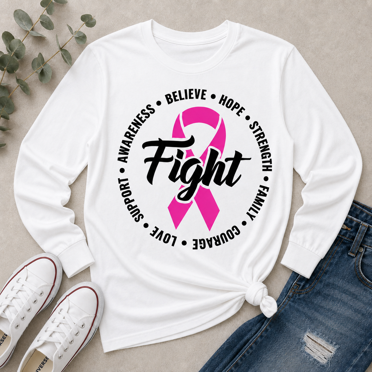Julia Rose Breast Cancer Awareness Fight apparel with a pink ribbon, available in pink or white crewneck, V-neck, long-sleeve shirt, and hoodie.