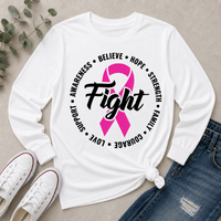 Julia Rose Breast Cancer Awareness Fight apparel with a pink ribbon, available in pink or white crewneck, V-neck, long-sleeve shirt, and hoodie.