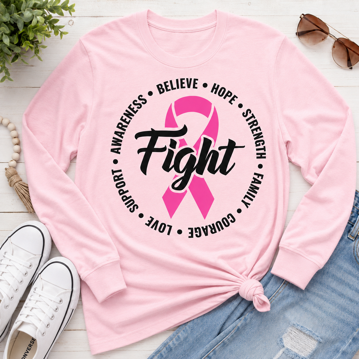 Julia Rose Breast Cancer Awareness Fight apparel with a pink ribbon, available in pink or white crewneck, V-neck, long-sleeve shirt, and hoodie.