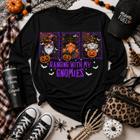 Julia Rose Hanging With My Gnomies apparel featuring three Halloween gnomes, pumpkins, bats and purple lettering.