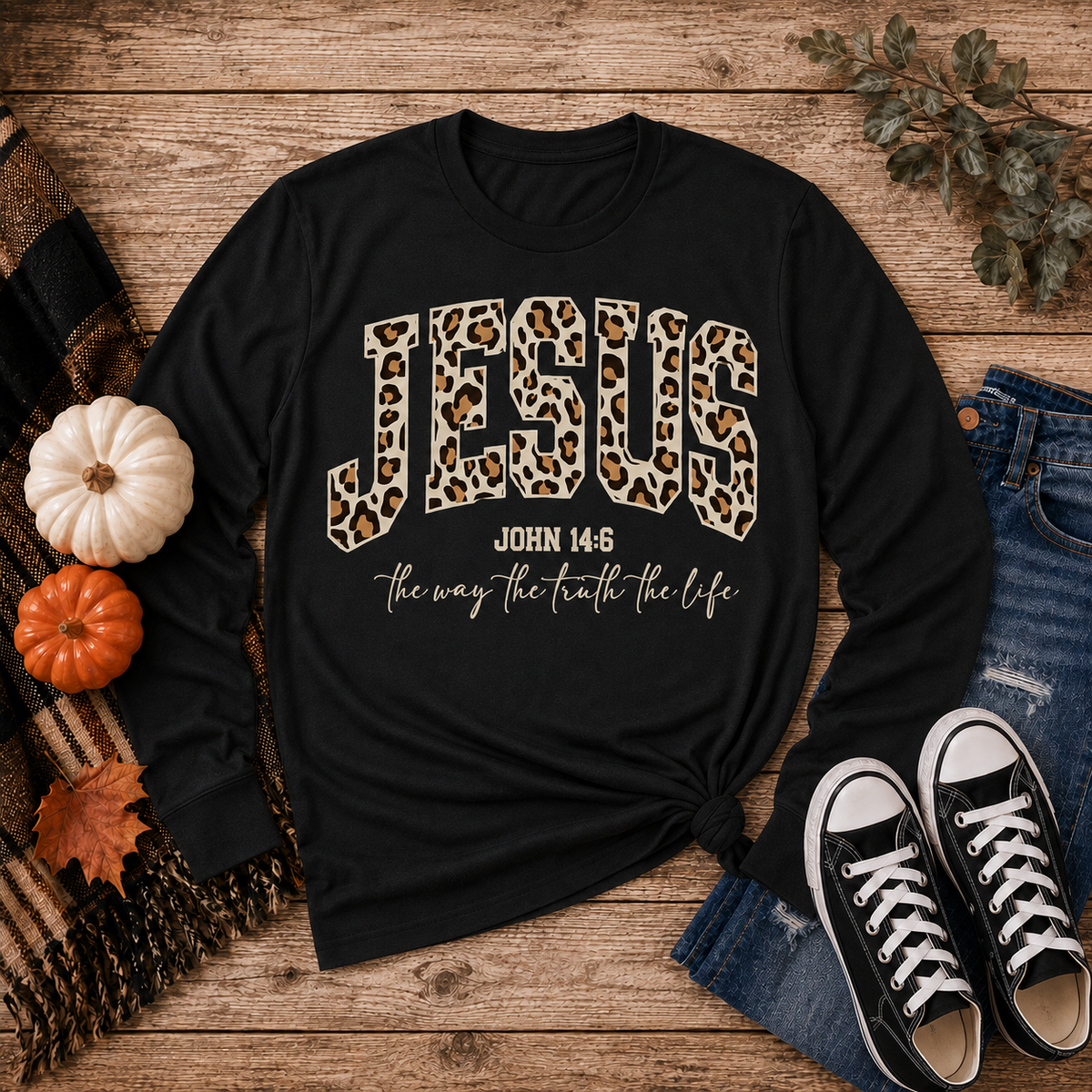 Julia Rose Jesus John 14:6 apparel featuring leopard-print JESUS lettering and the phrase The Way, The Truth, The Life.