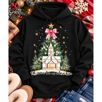 Oh Come Let Us Adore Him Christian Christmas graphic apparel with church, Christmas trees, stars and pink bow