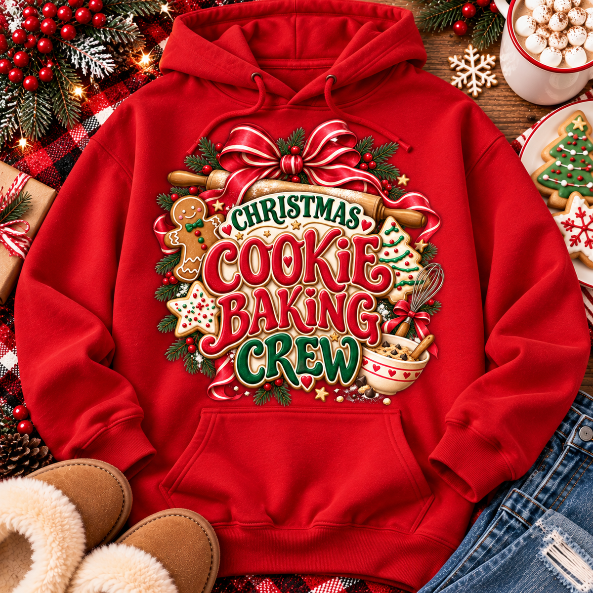 A red pullover hoodie with a large festive Christmas cookie baking crew graphic, styled in a cozy holiday flat-lay with jeans, slippers, gingerbread cookies, and holiday decorations.