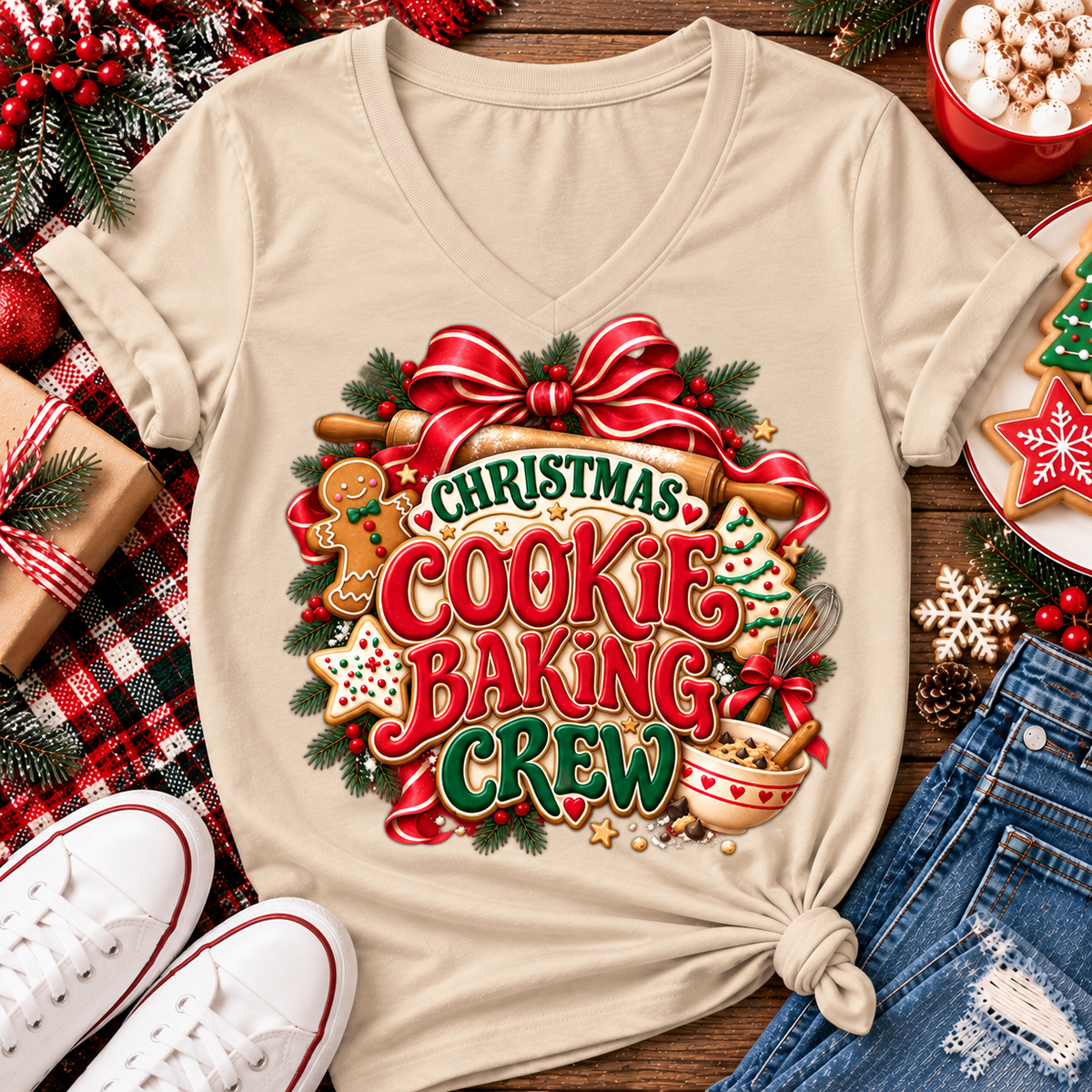 A beige V-neck t-shirt with a colorful 'Christmas Cookie Baking Crew' graphic, styled in a flat lay with jeans, white sneakers, holiday decorations, and cookies on a wooden surface.