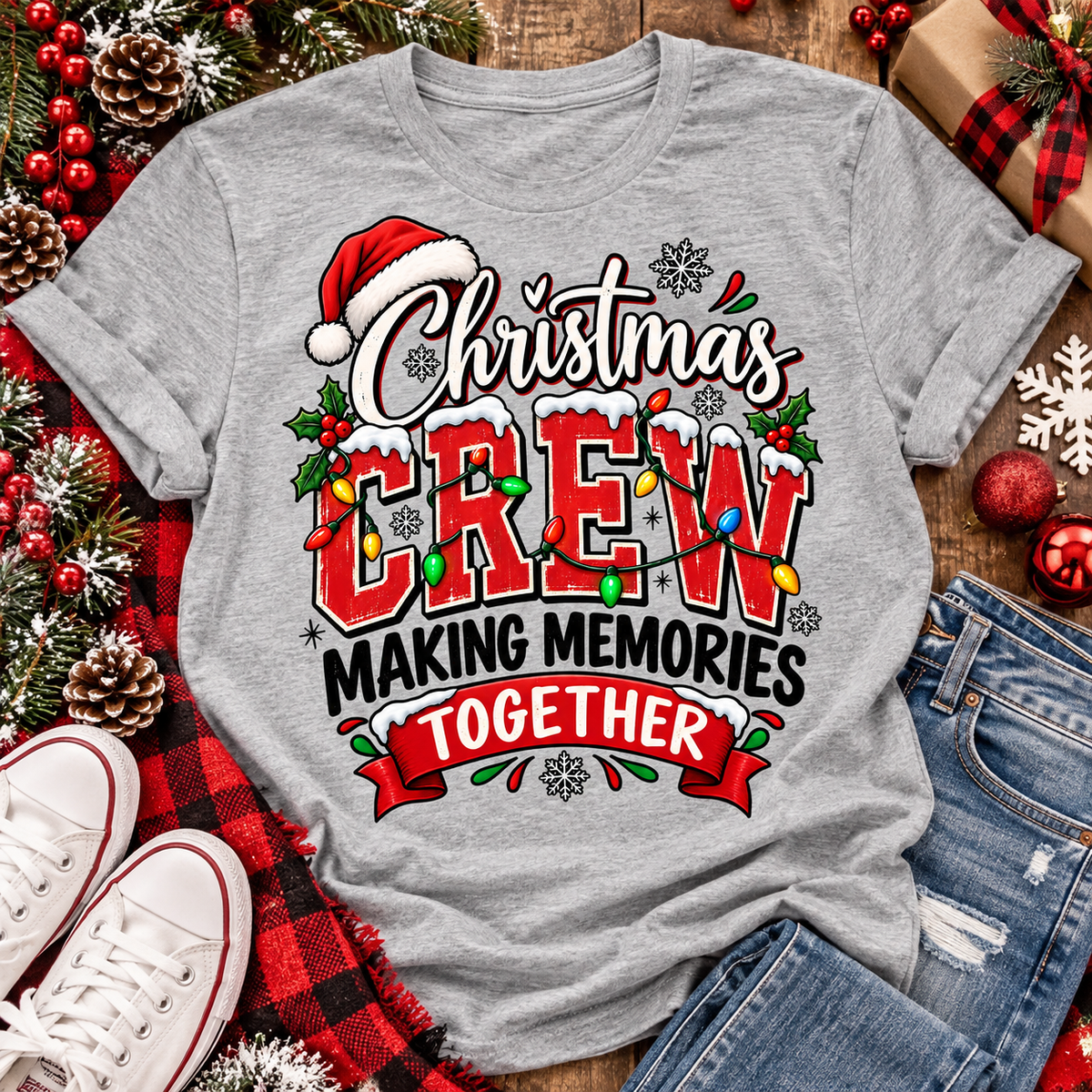 Christmas Crew Making Memories Together graphic on a pink crewneck T-shirt, featuring red lettering, colorful Christmas lights, a Santa hat, holly, and snowflakes.