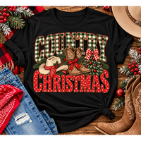 Country Christmas graphic tee with green plaid lettering, red polka dots, cowboy boots, western hat and festive Christmas bows.