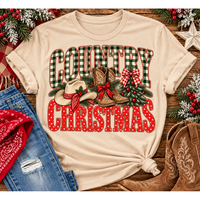 Country Christmas graphic tee with green plaid lettering, red polka dots, cowboy boots, western hat and festive Christmas bows.