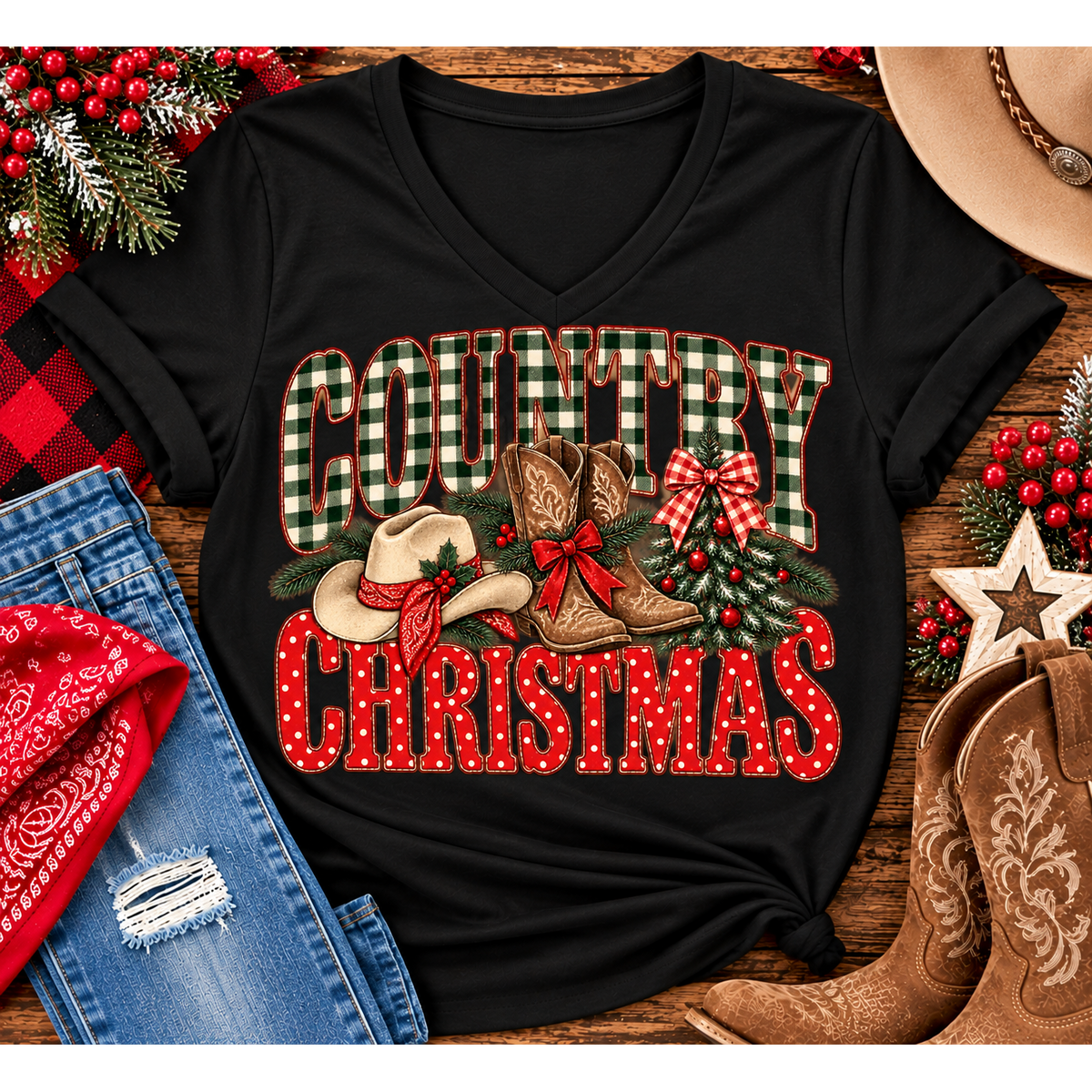 Country Christmas graphic tee with green plaid lettering, red polka dots, cowboy boots, western hat and festive Christmas bows.