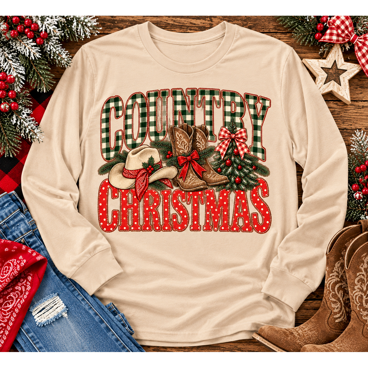 Country Christmas graphic tee with green plaid lettering, red polka dots, cowboy boots, western hat and festive Christmas bows.