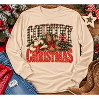 Country Christmas graphic tee with green plaid lettering, red polka dots, cowboy boots, western hat and festive Christmas bows.