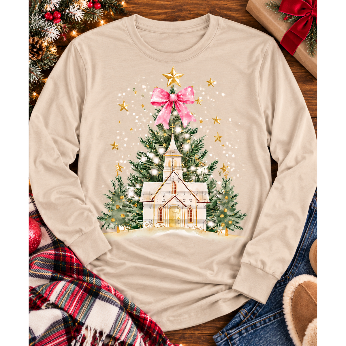 Oh Come Let Us Adore Him Christian Christmas graphic apparel with church, Christmas trees, stars and pink bow
