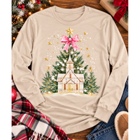Oh Come Let Us Adore Him Christian Christmas graphic apparel with church, Christmas trees, stars and pink bow