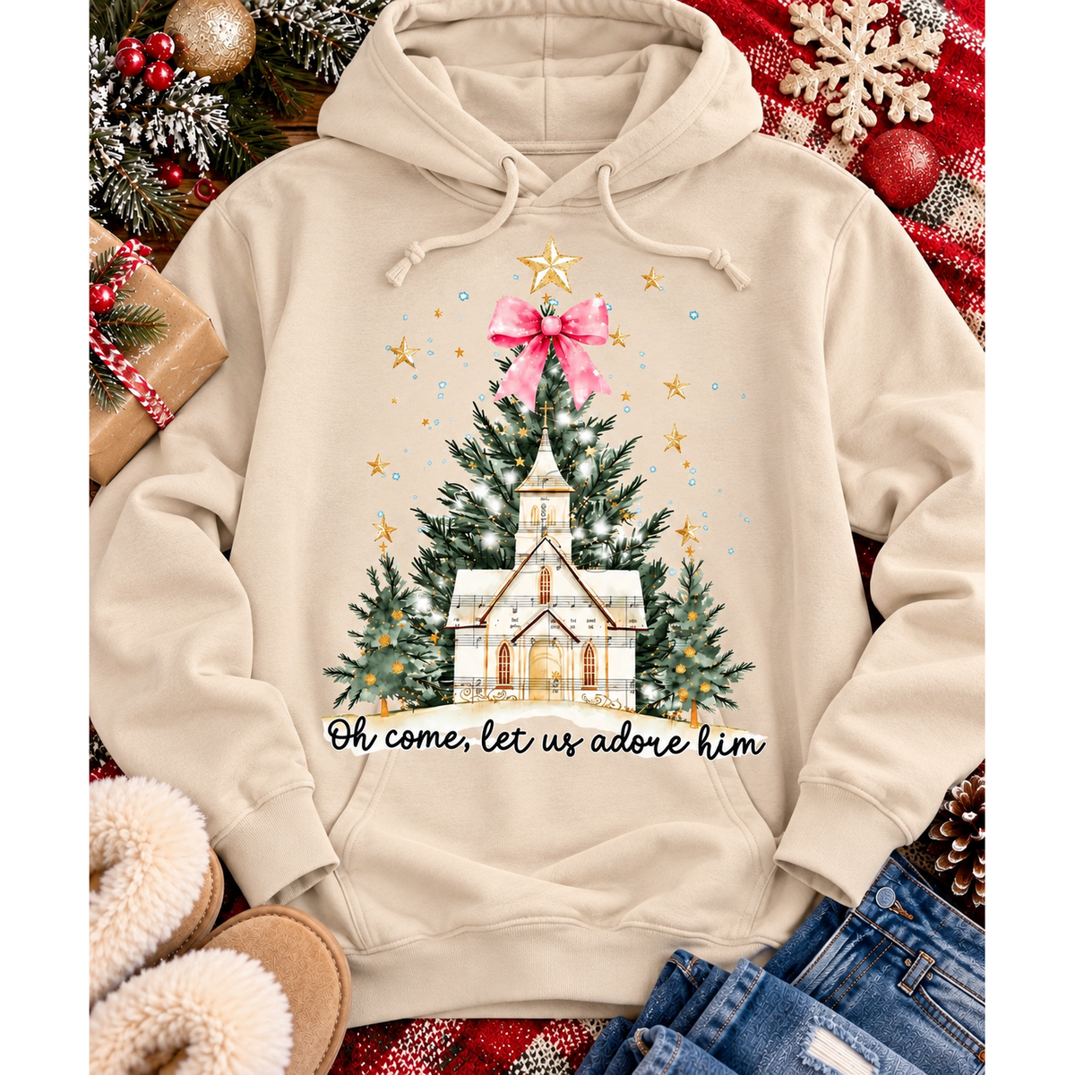 Oh Come Let Us Adore Him Christian Christmas graphic apparel with church, Christmas trees, stars and pink bow