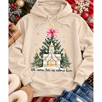 Oh Come Let Us Adore Him Christian Christmas graphic apparel with church, Christmas trees, stars and pink bow