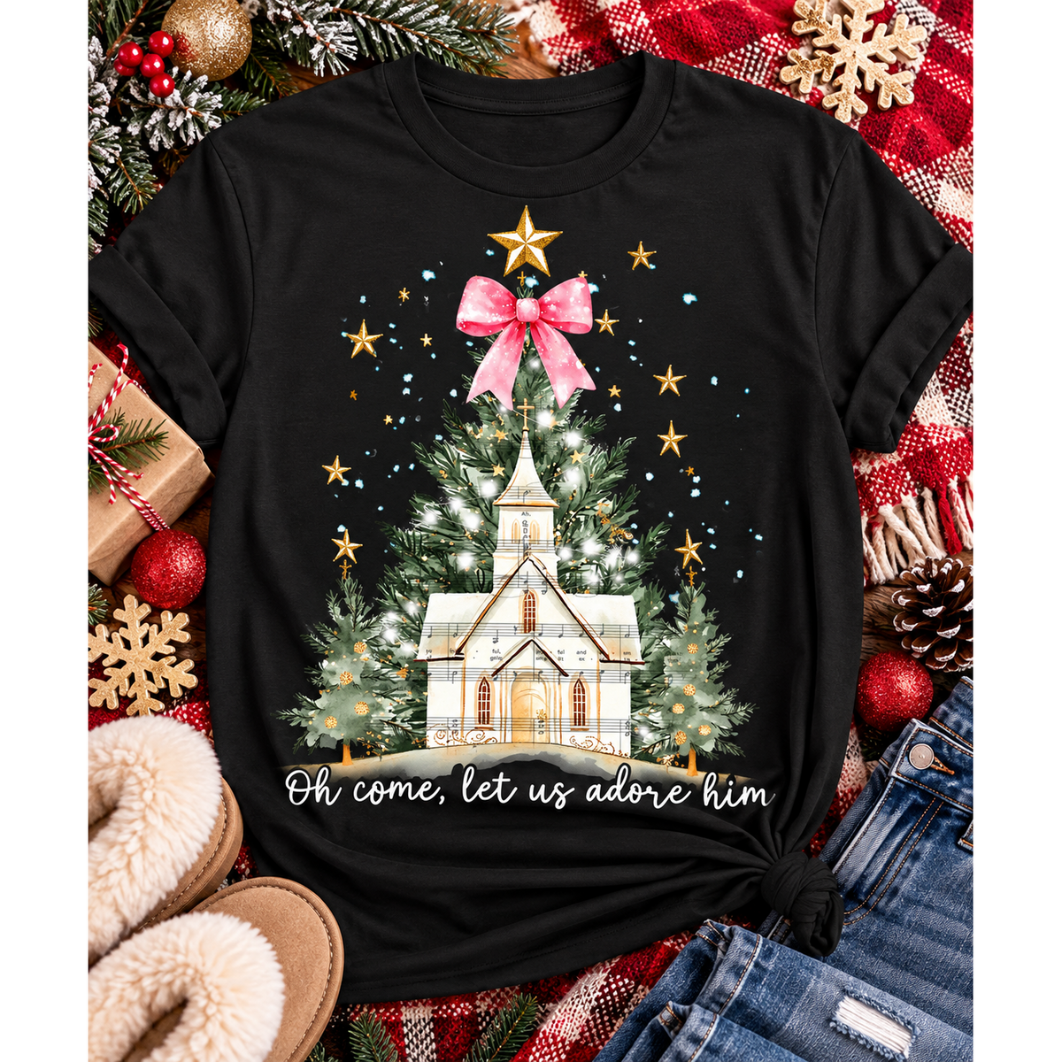 Oh Come Let Us Adore Him Christian Christmas graphic apparel with church, Christmas trees, stars and pink bow