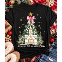 Oh Come Let Us Adore Him Christian Christmas graphic apparel with church, Christmas trees, stars and pink bow