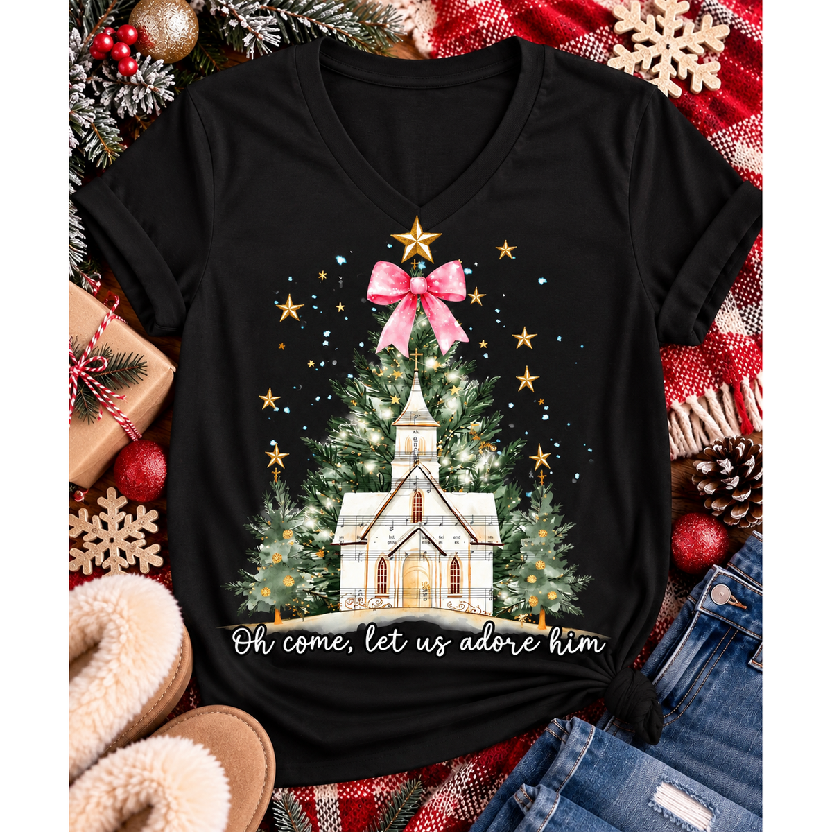 Oh Come Let Us Adore Him Christian Christmas graphic apparel with church, Christmas trees, stars and pink bow