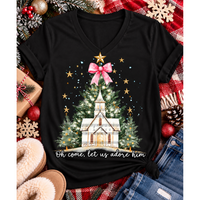 Oh Come Let Us Adore Him Christian Christmas graphic apparel with church, Christmas trees, stars and pink bow