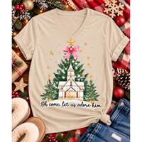 Oh Come Let Us Adore Him Christian Christmas graphic apparel with church, Christmas trees, stars and pink bow
