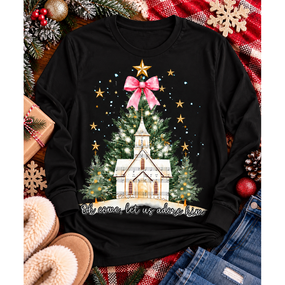 Oh Come Let Us Adore Him Christian Christmas graphic apparel with church, Christmas trees, stars and pink bow