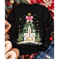 Oh Come Let Us Adore Him Christian Christmas graphic apparel with church, Christmas trees, stars and pink bow