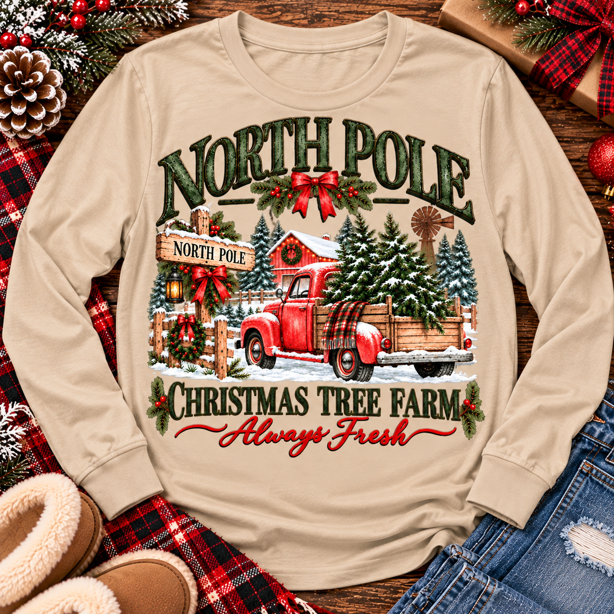 North Pole Christmas Tree Farm vintage holiday graphic shirt featuring a red pickup truck carrying Christmas trees, snowy evergreen trees, rustic farmhouse scenery, festive red bows, and distressed green lettering reading North Pole Christmas Tree Farm Always Fresh. Available in beige and black in short sleeve crewneck, V-neck, long sleeve crewneck, and hoodie styles.