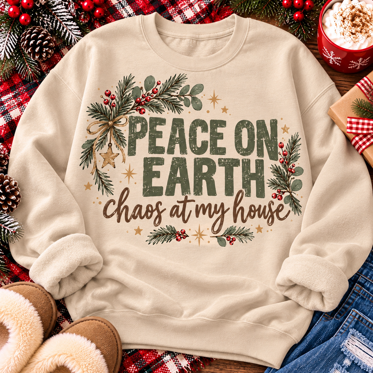 Peace on Earth Chaos at My House funny Christmas graphic apparel featuring distressed olive green lettering, rustic pine greenery, red berries and gold stars, available in sand and sport grey in short sleeve crewneck tees, V-neck tees, sweatshirts and hoodies.
