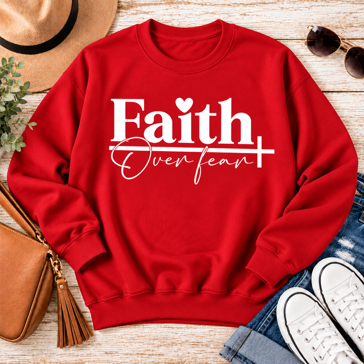 Faith Over Fear Christian inspirational graphic apparel featuring bold white Faith lettering, elegant Over Fear script, a small heart, and a cross design. Available in red and black in short sleeve crewneck, long sleeve crewneck, crewneck sweatshirt, and hoodie styles. Faith-based graphic clothing for women, everyday wear, church outfits, and inspirational gifts.
