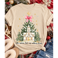 Oh Come Let Us Adore Him Christian Christmas graphic apparel with church, Christmas trees, stars and pink bow