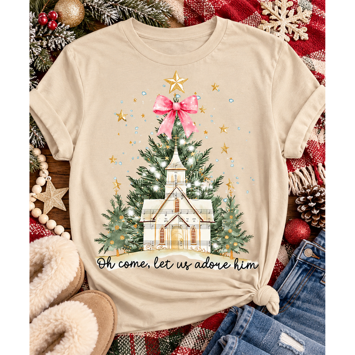 Oh Come Let Us Adore Him Christian Christmas graphic apparel with church, Christmas trees, stars and pink bow