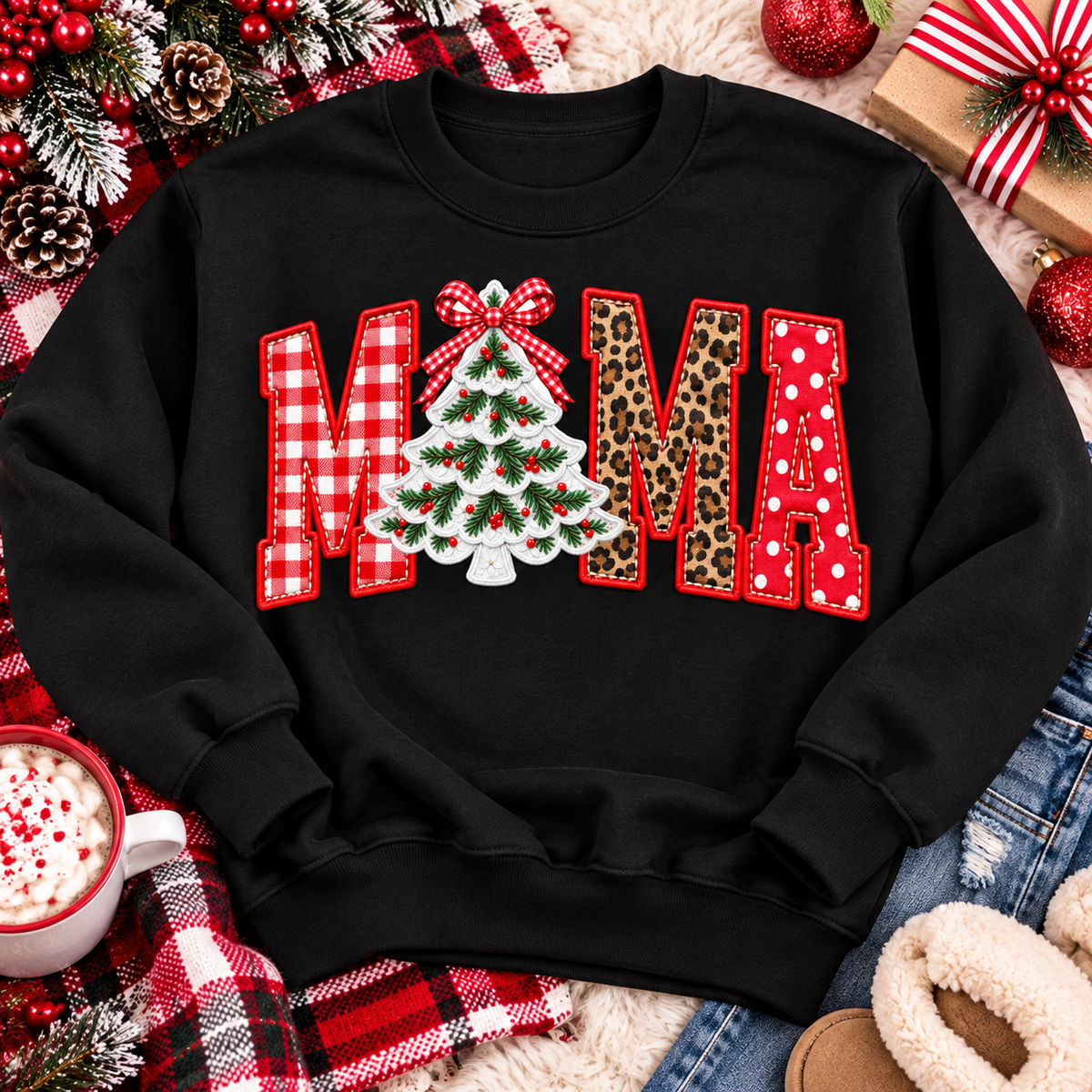 Festive MAMA Christmas graphic apparel featuring bold red gingham, leopard print and red polka dot lettering with a decorated Christmas tree and gingham bow replacing the first A, available in black and red in short sleeve crewneck, V-neck, long sleeve crewneck sweatshirt and hoodie styles.