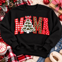 Festive MAMA Christmas graphic apparel featuring bold red gingham, leopard print and red polka dot lettering with a decorated Christmas tree and gingham bow replacing the first A, available in black and red in short sleeve crewneck, V-neck, long sleeve crewneck sweatshirt and hoodie styles.