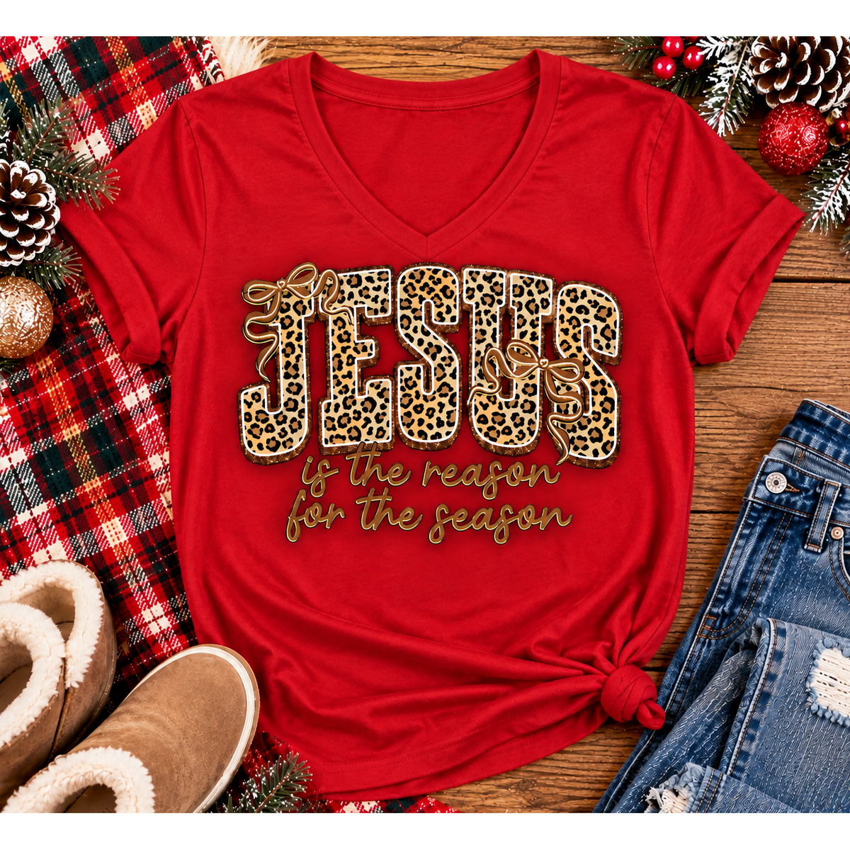 Jesus Is the Reason for the Season Christmas graphic shirt featuring bold leopard print JESUS lettering, decorative gold bows, and gold script. Faith-inspired holiday apparel available in red and black with four style options.