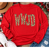 shirt with tan leopard-print WWJD lettering in a rustic holiday flat lay.