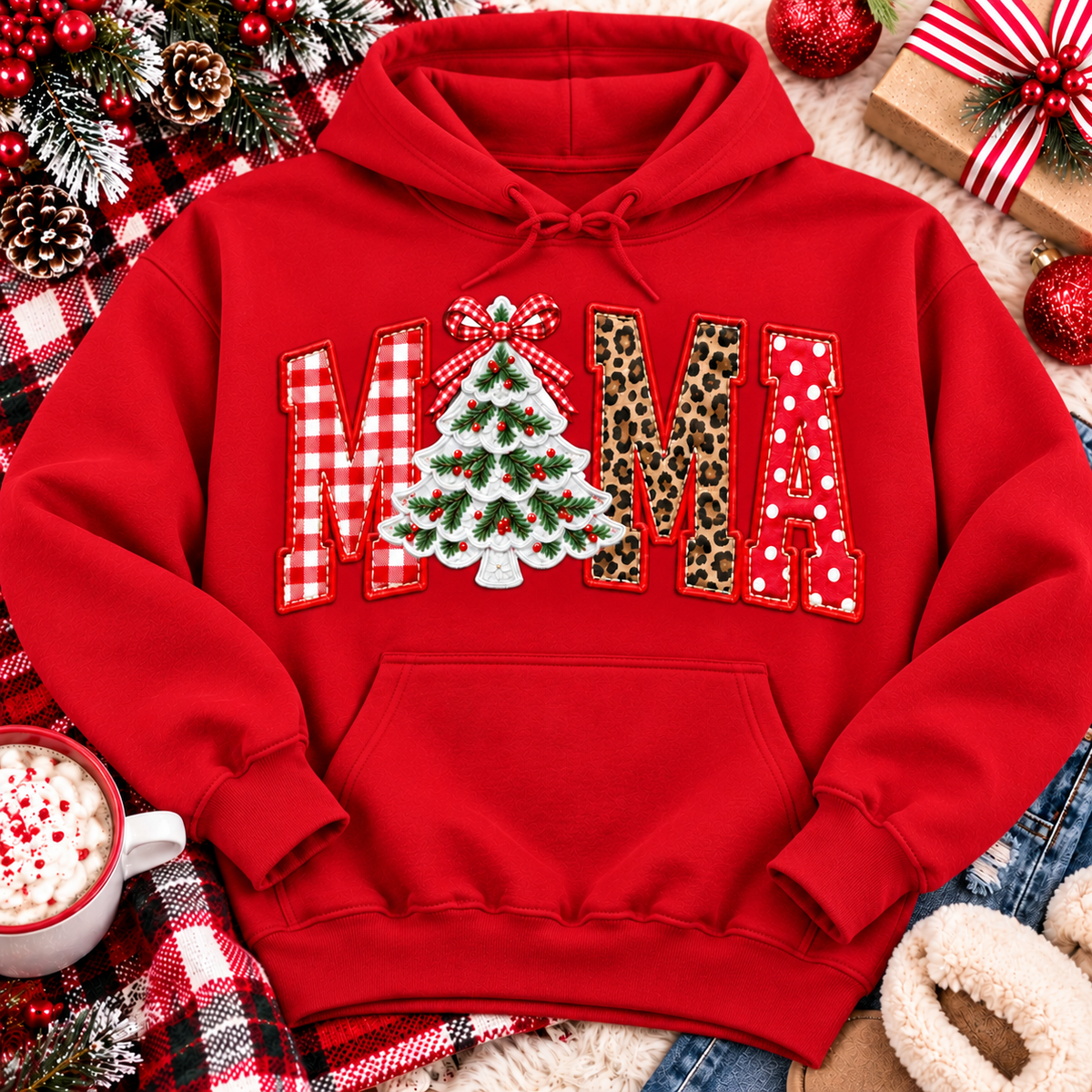 Festive MAMA Christmas graphic apparel featuring bold red gingham, leopard print and red polka dot lettering with a decorated Christmas tree and gingham bow replacing the first A, available in black and red in short sleeve crewneck, V-neck, long sleeve crewneck sweatshirt and hoodie styles.