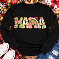 Christmas MAMA graphic shirt featuring pink and green patterned lettering, colorful holiday lights, and a Grinch-inspired character wearing a Santa hat.