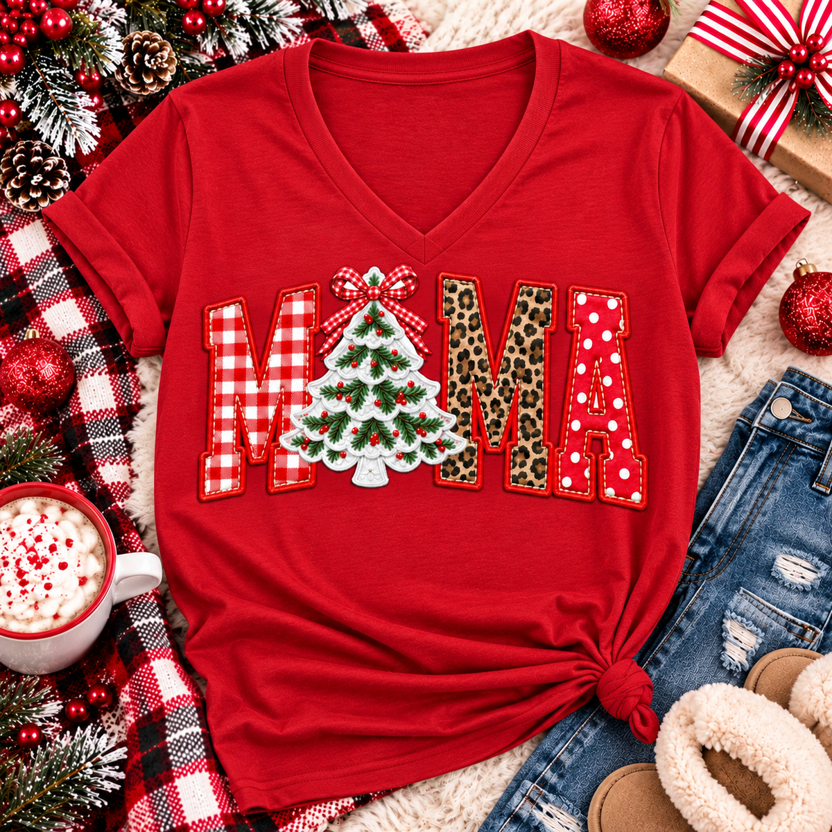Festive MAMA Christmas graphic apparel featuring bold red gingham, leopard print and red polka dot lettering with a decorated Christmas tree and gingham bow replacing the first A, available in black and red in short sleeve crewneck, V-neck, long sleeve crewneck sweatshirt and hoodie styles.