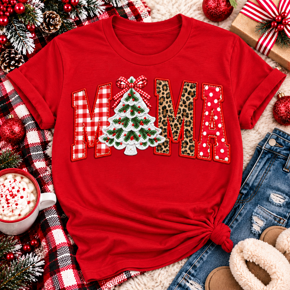 Festive MAMA Christmas graphic apparel featuring bold red gingham, leopard print and red polka dot lettering with a decorated Christmas tree and gingham bow replacing the first A, available in black and red in short sleeve crewneck, V-neck, long sleeve crewneck sweatshirt and hoodie styles.