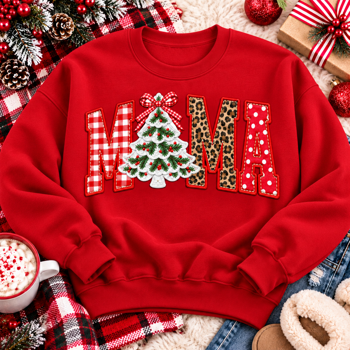 Festive MAMA Christmas graphic apparel featuring bold red gingham, leopard print and red polka dot lettering with a decorated Christmas tree and gingham bow replacing the first A, available in black and red in short sleeve crewneck, V-neck, long sleeve crewneck sweatshirt and hoodie styles.