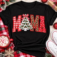 Festive MAMA Christmas graphic apparel featuring bold red gingham, leopard print and red polka dot lettering with a decorated Christmas tree and gingham bow replacing the first A, available in black and red in short sleeve crewneck, V-neck, long sleeve crewneck sweatshirt and hoodie styles.