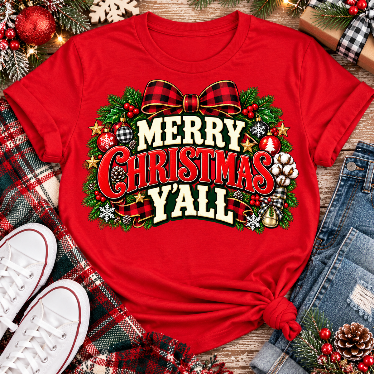 Merry Christmas Y'all graphic apparel featuring vintage red, green, and cream lettering with a festive buffalo plaid bow, Christmas ornaments, pine greenery, and rustic holiday decorations. Southern Christmas graphic available in two colors and four styles, including short sleeve crewneck, V-neck, long sleeve, and hoodie.