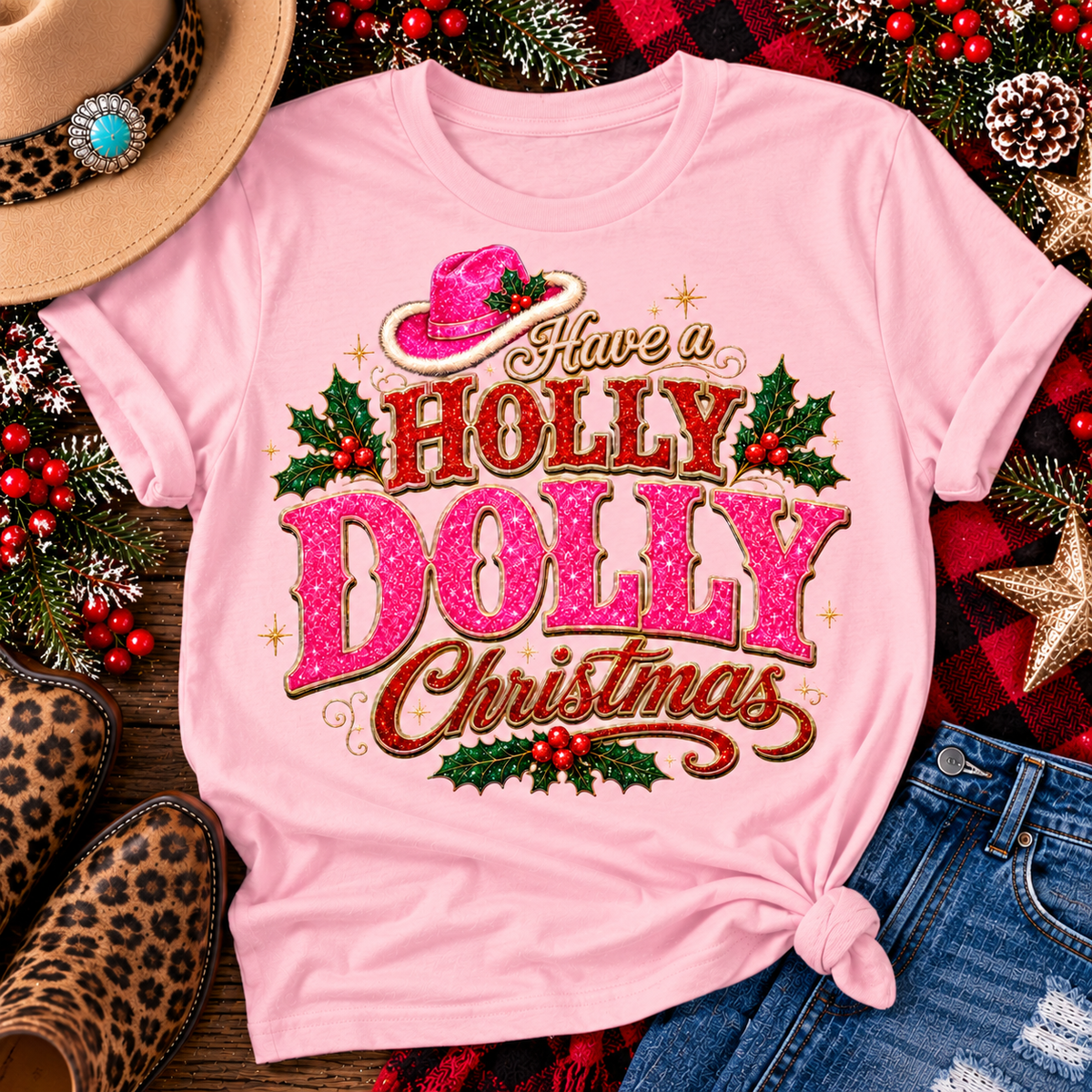 Have a Holly Dolly Christmas western graphic shirt featuring pink and red glitter-inspired lettering, a festive pink cowgirl hat, gold accents, and Christmas holly berries. Available in beige and pink in short sleeve crewneck, V-neck, long sleeve crewneck, and hoodie styles.