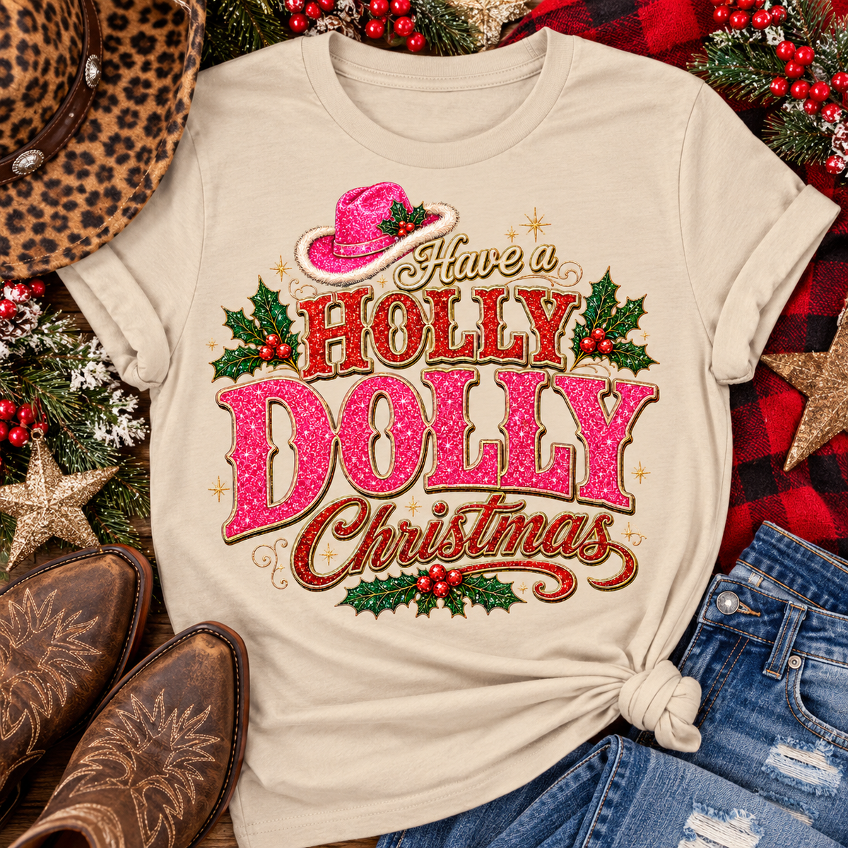 Have a Holly Dolly Christmas western graphic shirt featuring pink and red glitter-inspired lettering, a festive pink cowgirl hat, gold accents, and Christmas holly berries. Available in beige and pink in short sleeve crewneck, V-neck, long sleeve crewneck, and hoodie styles.