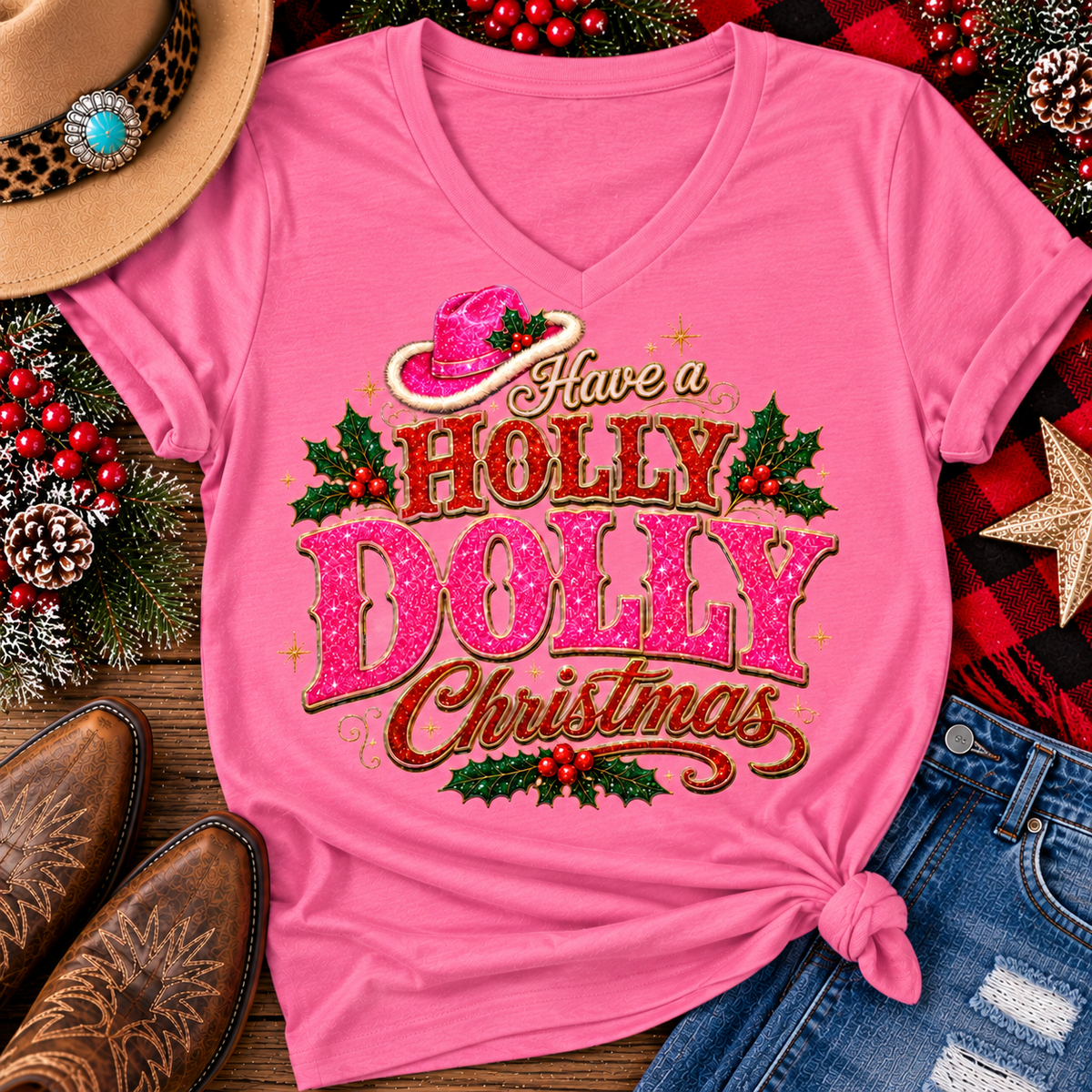 Have a Holly Dolly Christmas western graphic shirt featuring pink and red glitter-inspired lettering, a festive pink cowgirl hat, gold accents, and Christmas holly berries. Available in beige and pink in short sleeve crewneck, V-neck, long sleeve crewneck, and hoodie styles.