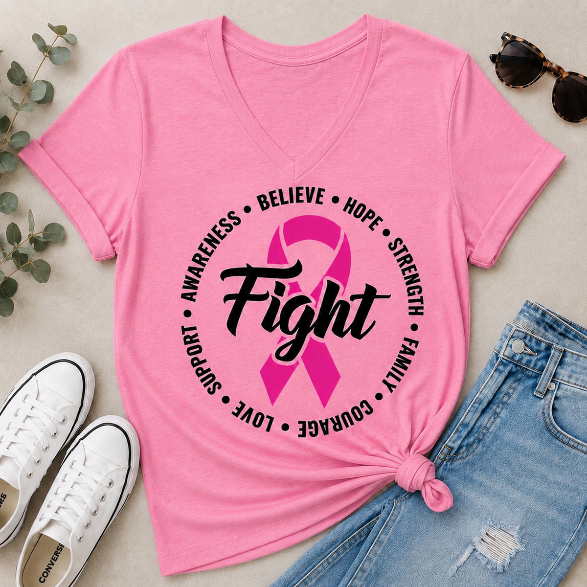 Julia Rose Breast Cancer Awareness Fight apparel with a pink ribbon, available in pink or white crewneck, V-neck, long-sleeve shirt, and hoodie.